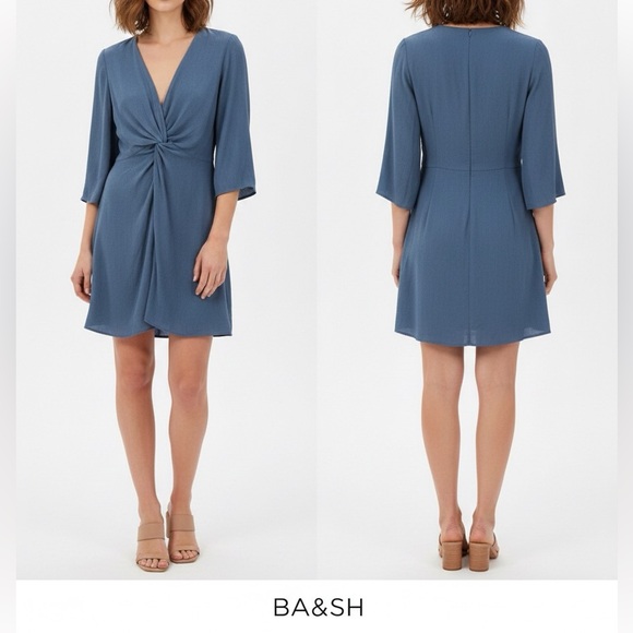 BA&SH Twist Knot Front Mini Dress Blue Azure Bell Sleeve Boho French Chic Size 4